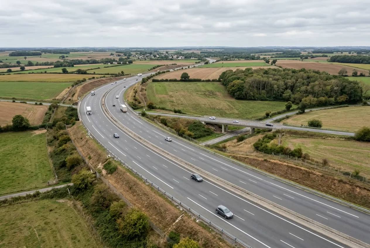 Aerial view of a six-lane motorway sweeping through the countryside