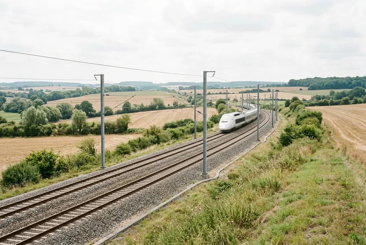 High-speed train on an electrified line crossing the countryside