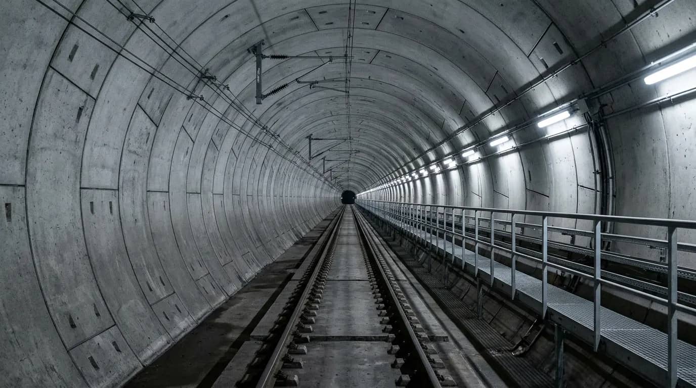 Inside a circular rail tunnel lined with concrete segments, with its track and service walkway